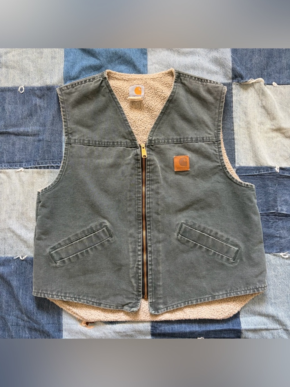 VTG Carhartt Vest Green Grey Sherpa Lined Super Faded Workwear Fits Size L